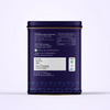 Rear view of Darjeeling first flush black tea tin showing product information.