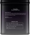 Rear view of roasted black tea tin showing ingredients and storage details.