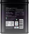 Back label of organic roasted black tea tin with nutrition facts and barcode