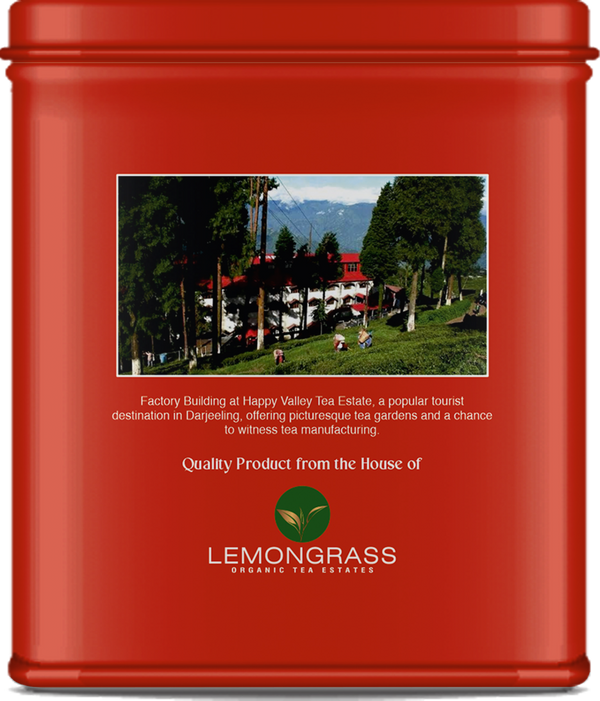 Organic Darjeeling oolong tea tin showing plantation image on label
