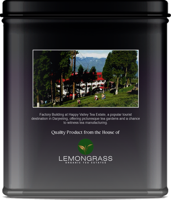 Darjeeling roasted black tea tin displayed with plantation origin visual.