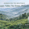 Happy Valley Tea Estate Darjeeling banner with green tea gardens, misty hills, and organic tea branding.