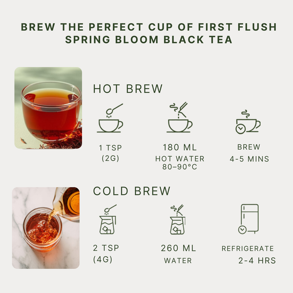 Spring Bloom First Flush Black Tea – Whole Leaf loose tea leaves and prepared infusion