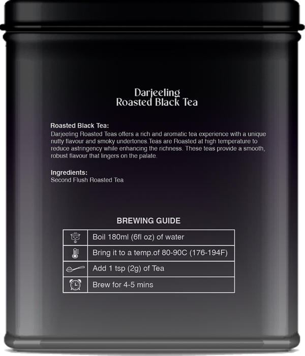 Rear view of roasted black tea tin showing ingredients and storage details.
